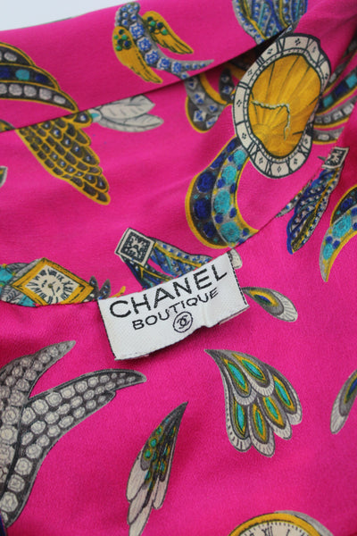 CHANEL F/W 1991 runway hot pink print silk blouse cc sunburst buttons