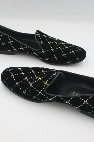 CHANEL velvet black and gold cc loafers size 39