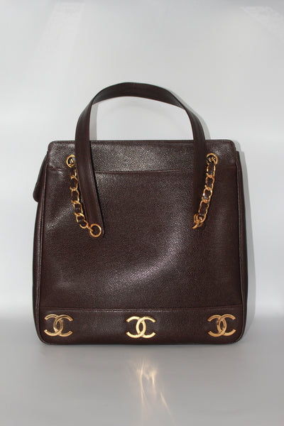 CHANEL brown caviar tote bag with 24 carats gold plated CC vintage