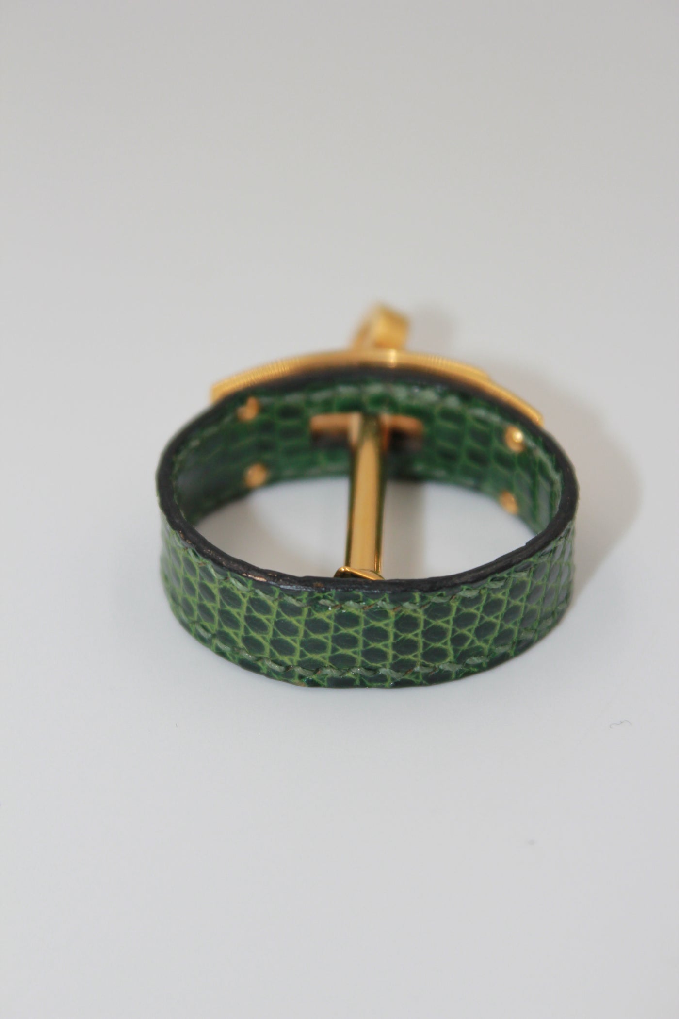 HERMES Ring Scarf Green Lizard Exotic Skin Gold Hardware with box