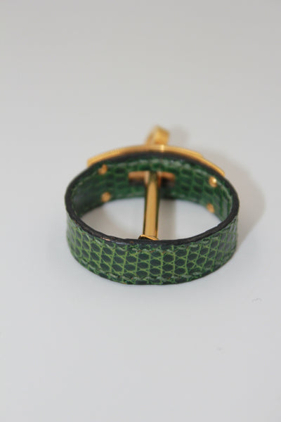 HERMES Ring Scarf Green Lizard Exotic Skin Gold Hardware with box