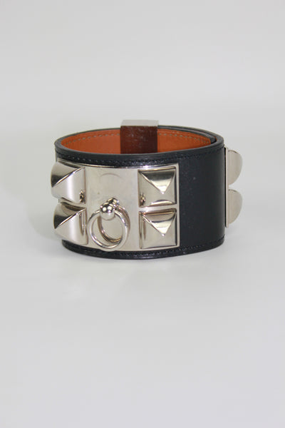 HERMES Collier De Chien cuff bracelet smooth leather silver hardware size S