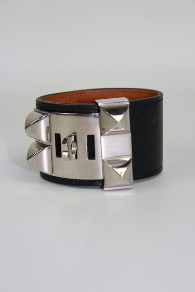 HERMES Collier De Chien cuff bracelet smooth leather silver hardware size S