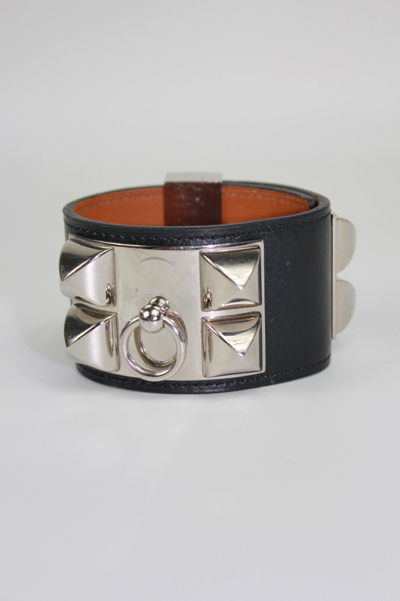 HERMES Collier De Chien cuff bracelet smooth leather silver hardware size S