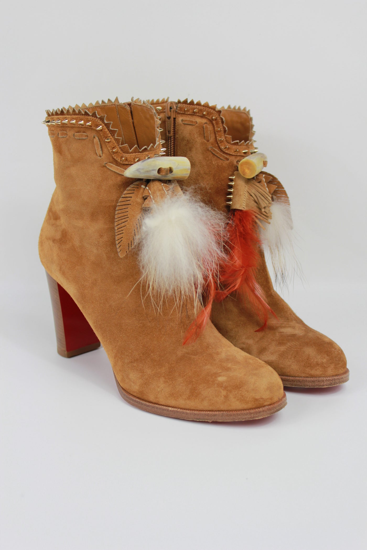 CHRISTIAN LOUBOUTIN tan suede feathers and fur heels boots size 39