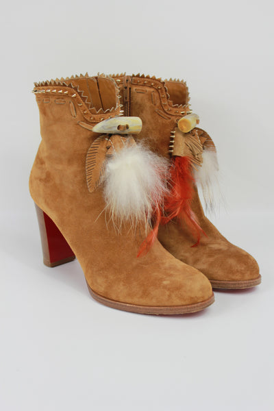CHRISTIAN LOUBOUTIN tan suede feathers and fur heels boots size 39