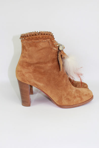 CHRISTIAN LOUBOUTIN tan suede feathers and fur heels boots size 39