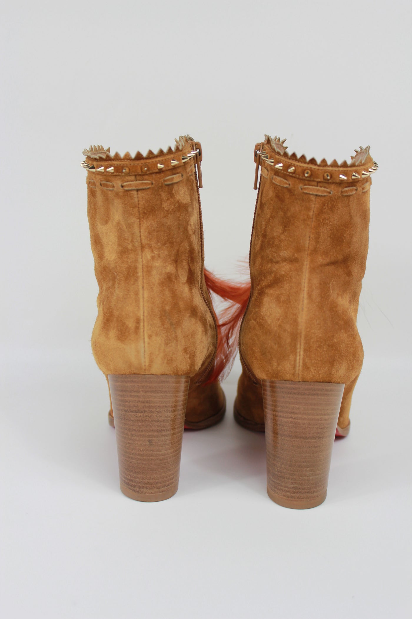 CHRISTIAN LOUBOUTIN tan suede feathers and fur heels boots size 39
