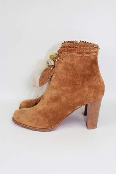 CHRISTIAN LOUBOUTIN tan suede feathers and fur heels boots size 39