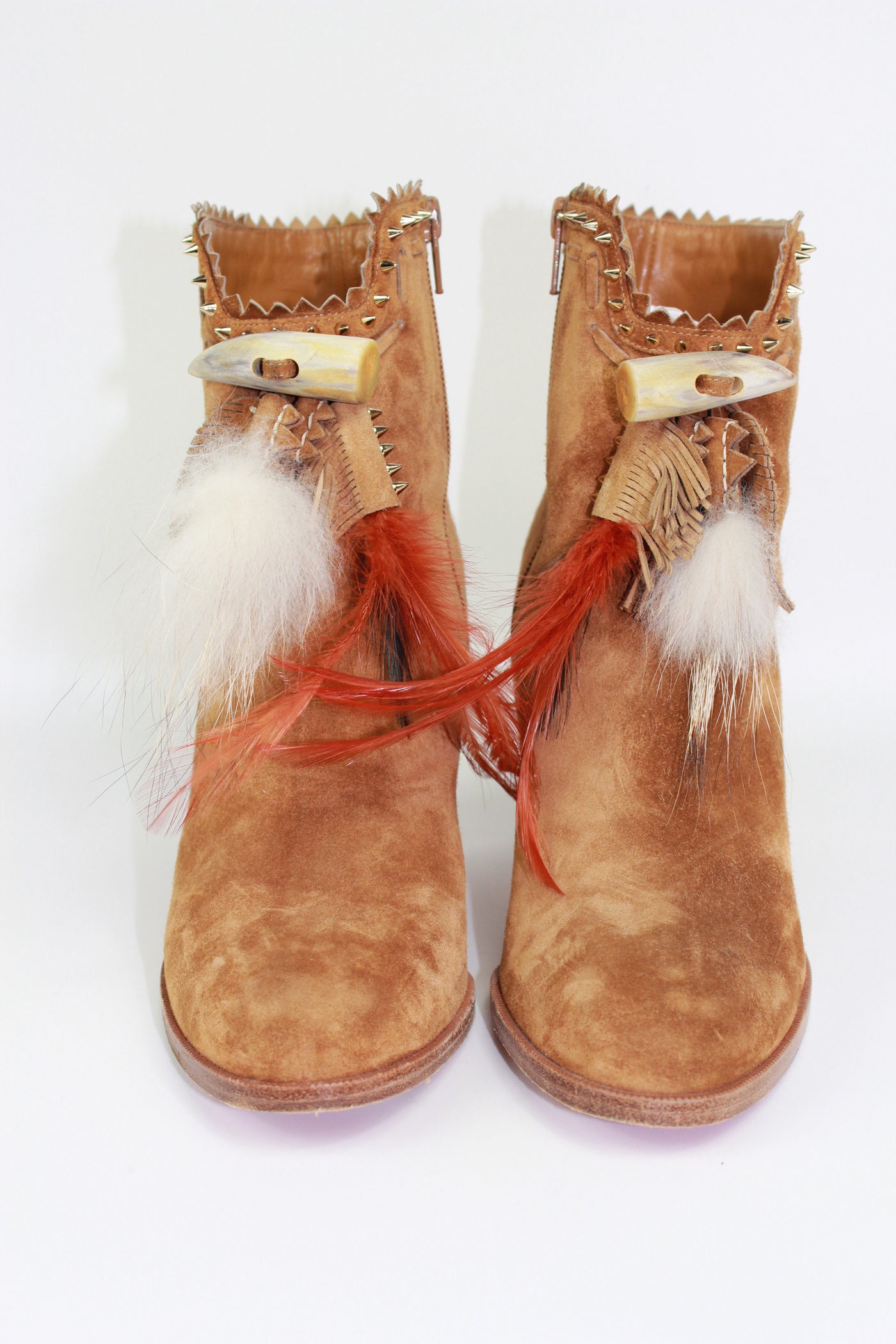 CHRISTIAN LOUBOUTIN tan suede feathers and fur heels boots size 39