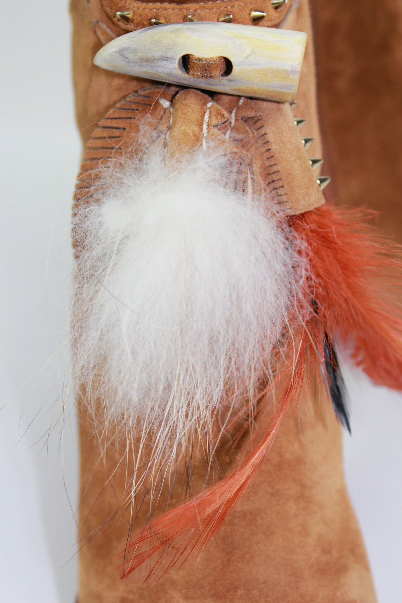 CHRISTIAN LOUBOUTIN tan suede feathers and fur heels boots size 39