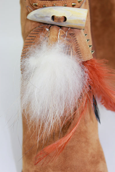 CHRISTIAN LOUBOUTIN tan suede feathers and fur heels boots size 39