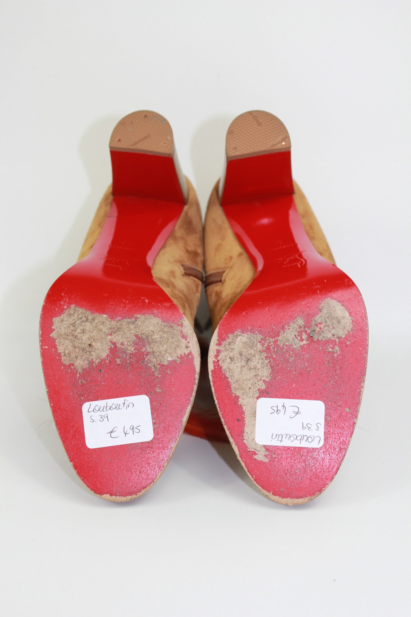 CHRISTIAN LOUBOUTIN tan suede feathers and fur heels boots size 39