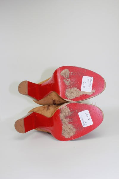 CHRISTIAN LOUBOUTIN tan suede feathers and fur heels boots size 39