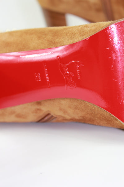 CHRISTIAN LOUBOUTIN tan suede feathers and fur heels boots size 39