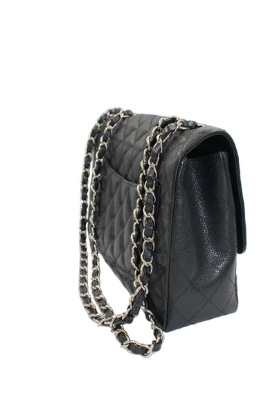 CHANEL Jumbo Single Flap Black Caviar With Silver Hardware Handbag