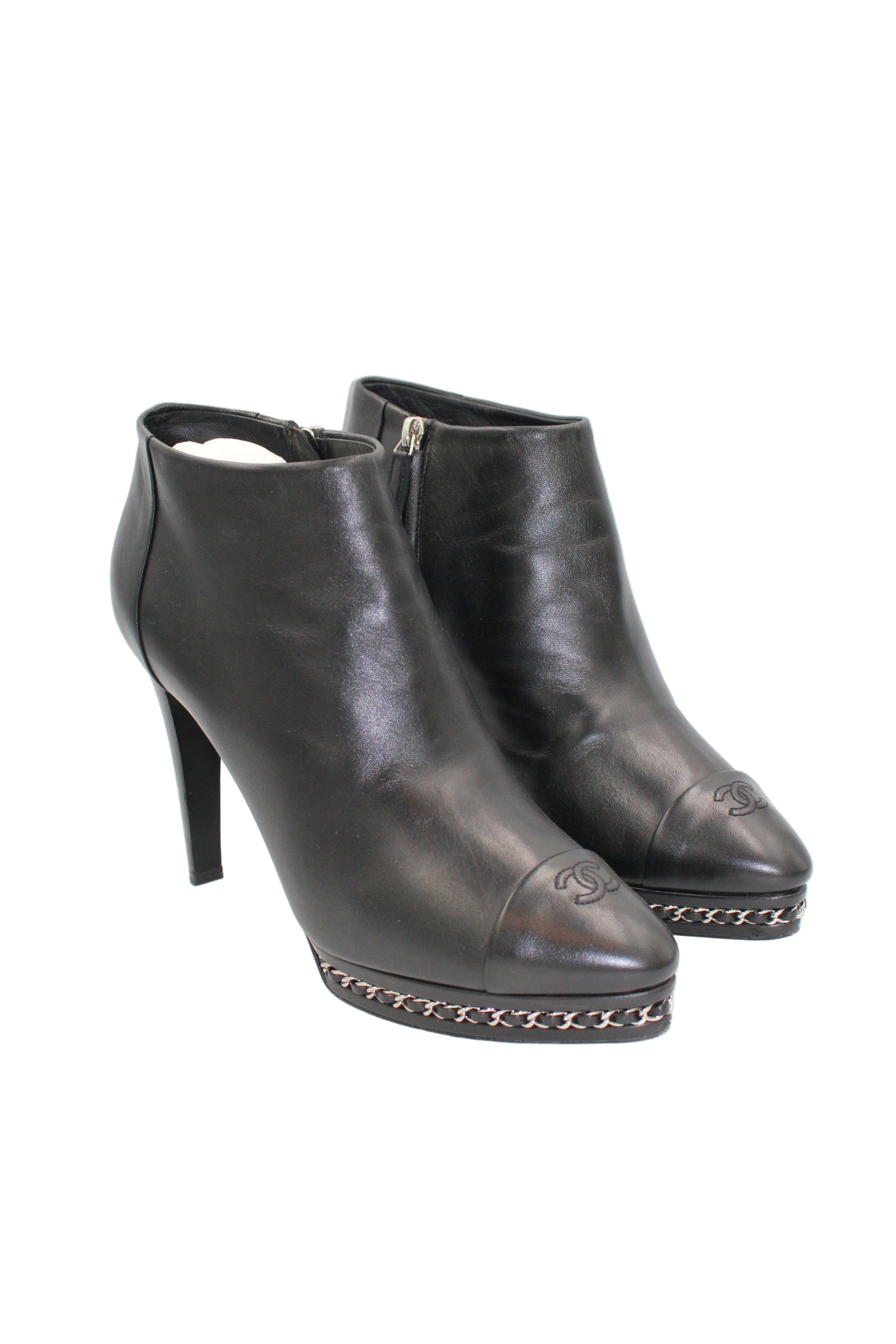 CHANEL Black Smooth Leather Boots Heels Silver Chain Trim with CC Logo Cap Toe with box size 41.5size