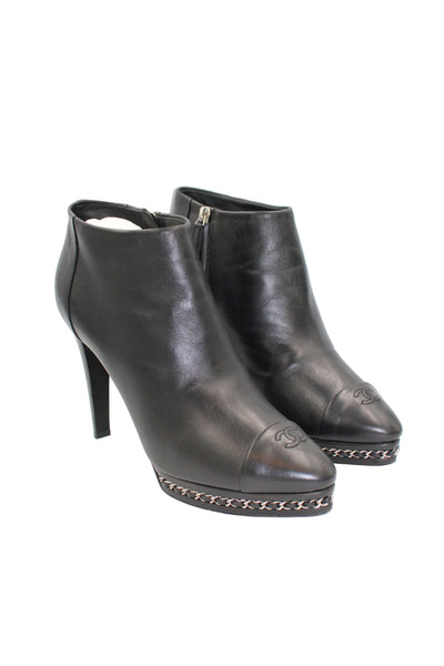 CHANEL Black Smooth Leather Boots Heels Silver Chain Trim with CC Logo Cap Toe with box size 41.5size