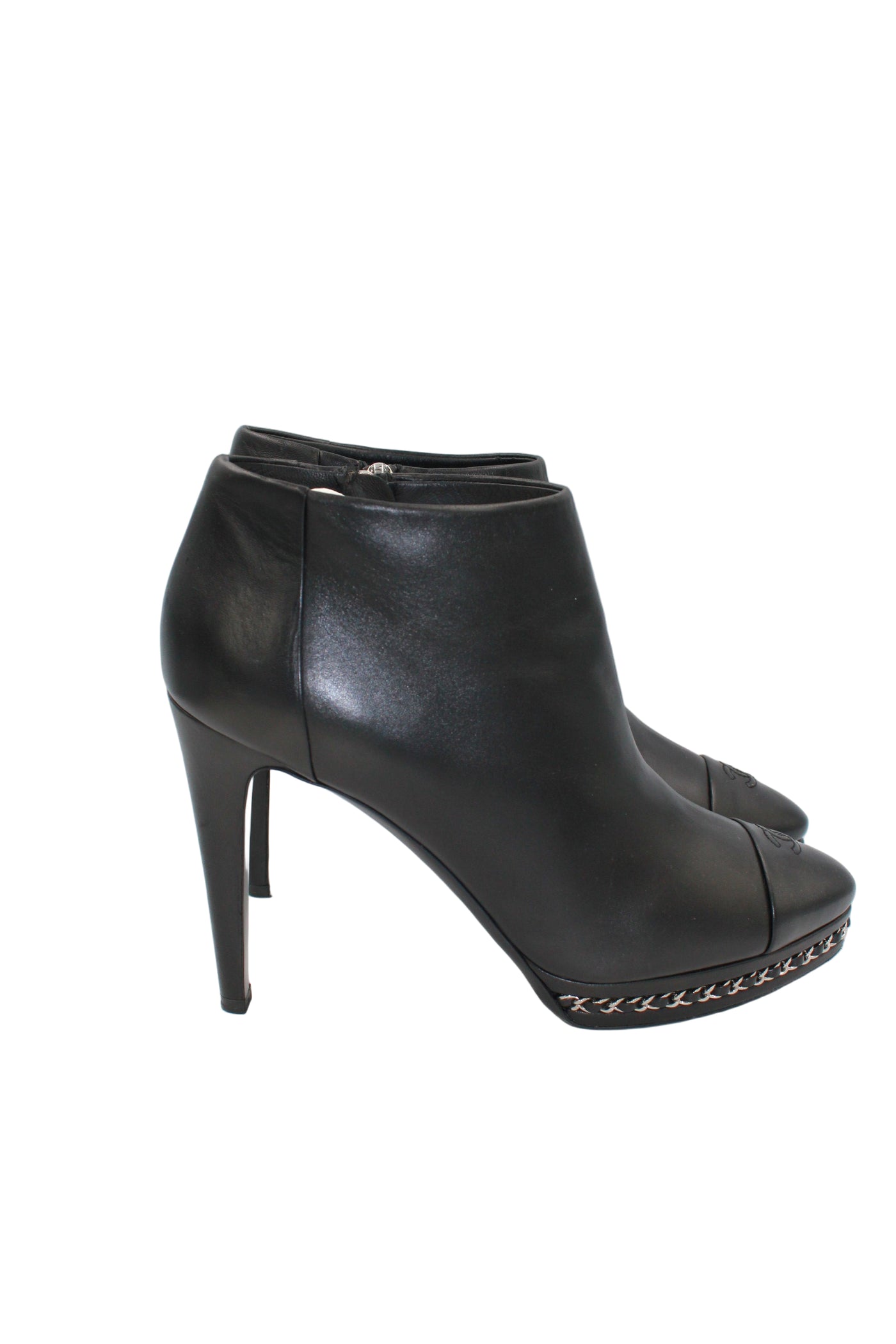 CHANEL Black Smooth Leather Boots Heels Silver Chain Trim with CC Logo Cap Toe with box size 41.5size