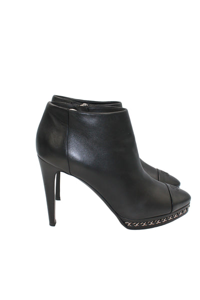 CHANEL Black Smooth Leather Boots Heels Silver Chain Trim with CC Logo Cap Toe with box size 41.5size