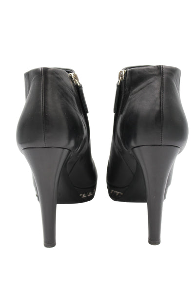 CHANEL Black Smooth Leather Boots Heels Silver Chain Trim with CC Logo Cap Toe with box size 41.5size