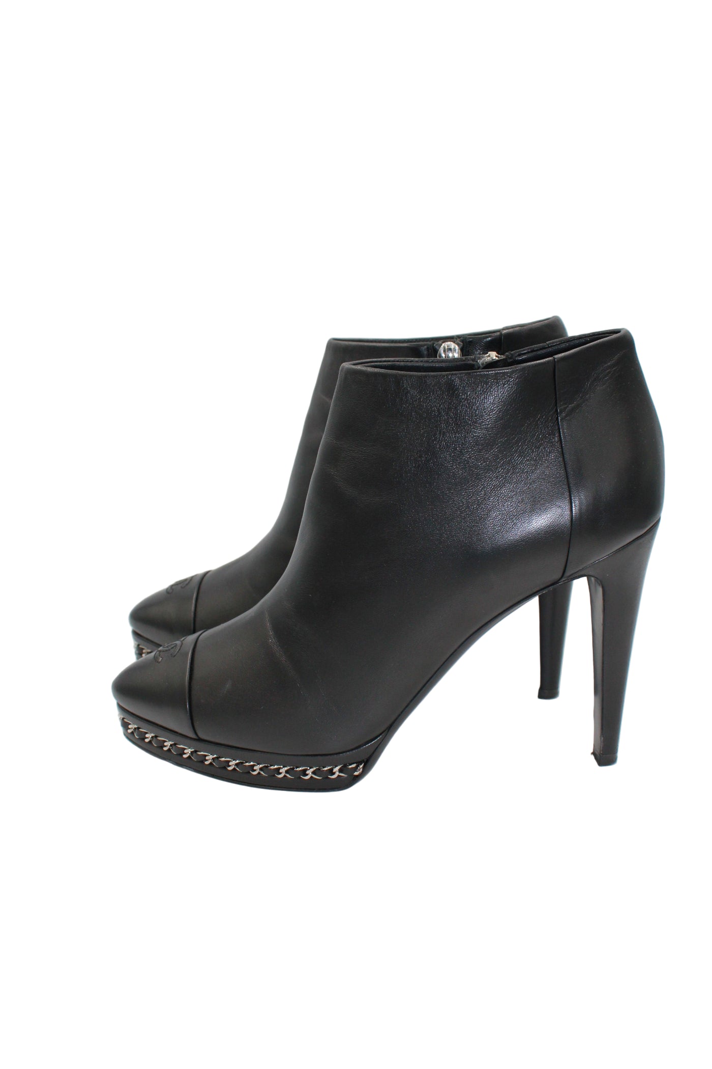 CHANEL Black Smooth Leather Boots Heels Silver Chain Trim with CC Logo Cap Toe with box size 41.5size