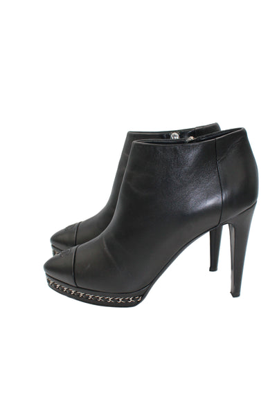 CHANEL Black Smooth Leather Boots Heels Silver Chain Trim with CC Logo Cap Toe with box size 41.5size
