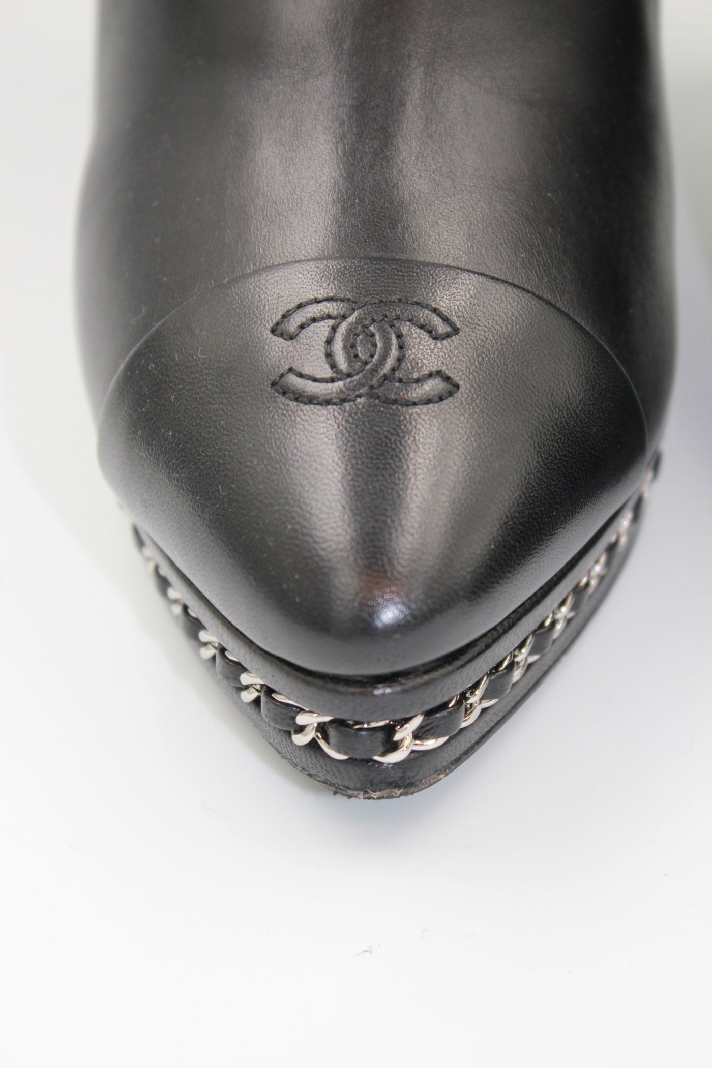CHANEL Black Smooth Leather Boots Heels Silver Chain Trim with CC Logo Cap Toe with box size 41.5size