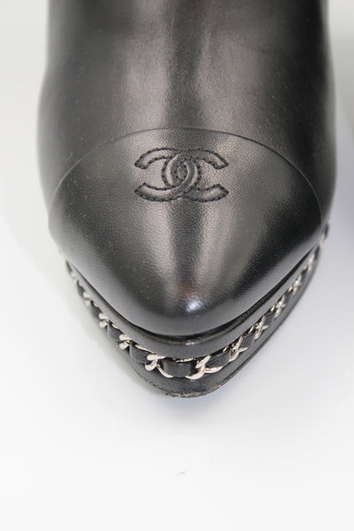 CHANEL Black Smooth Leather Boots Heels Silver Chain Trim with CC Logo Cap Toe with box size 41.5size