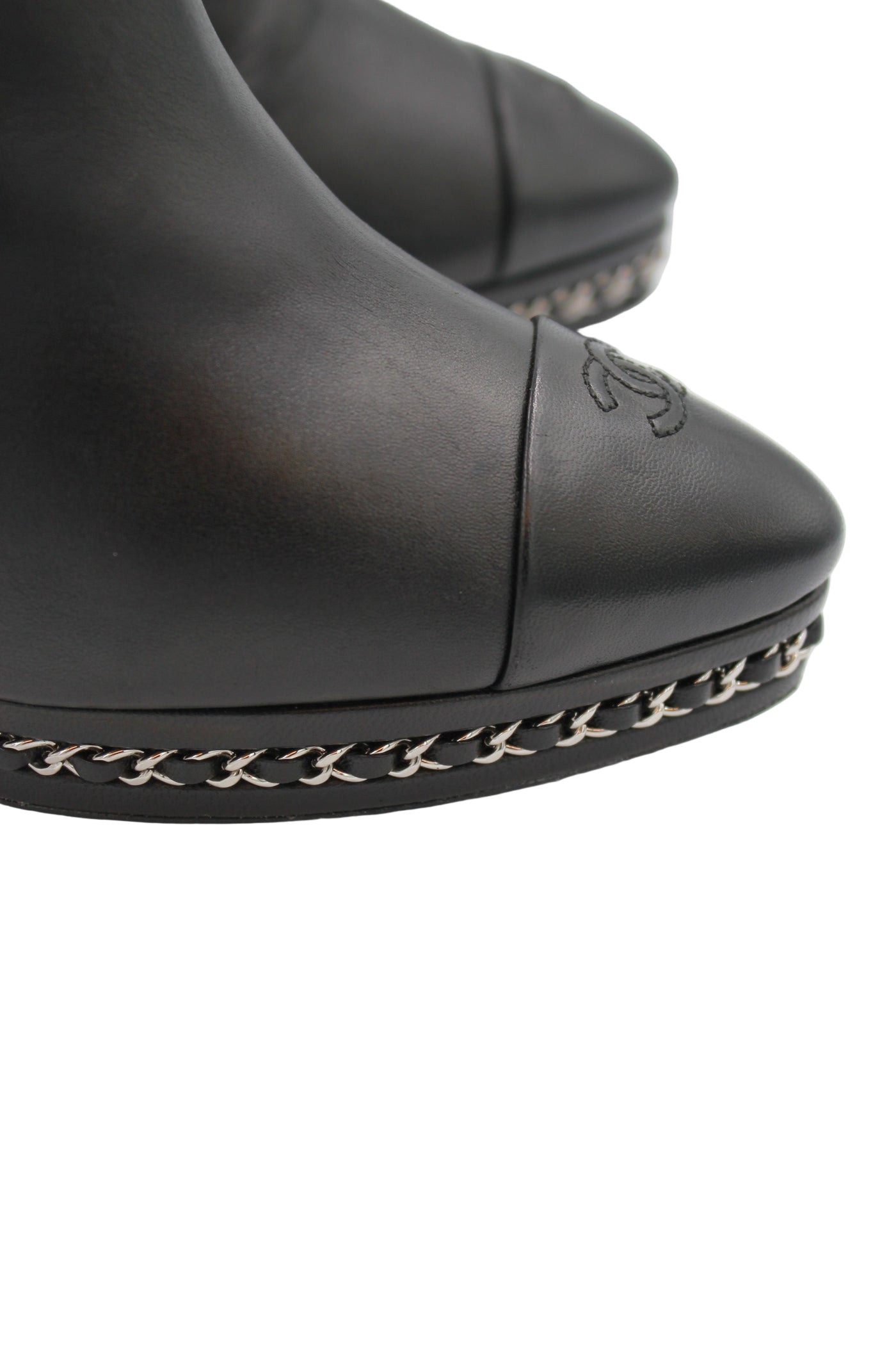 CHANEL Black Smooth Leather Boots Heels Silver Chain Trim with CC Logo Cap Toe with box size 41.5size