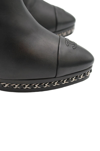 CHANEL Black Smooth Leather Boots Heels Silver Chain Trim with CC Logo Cap Toe with box size 41.5size