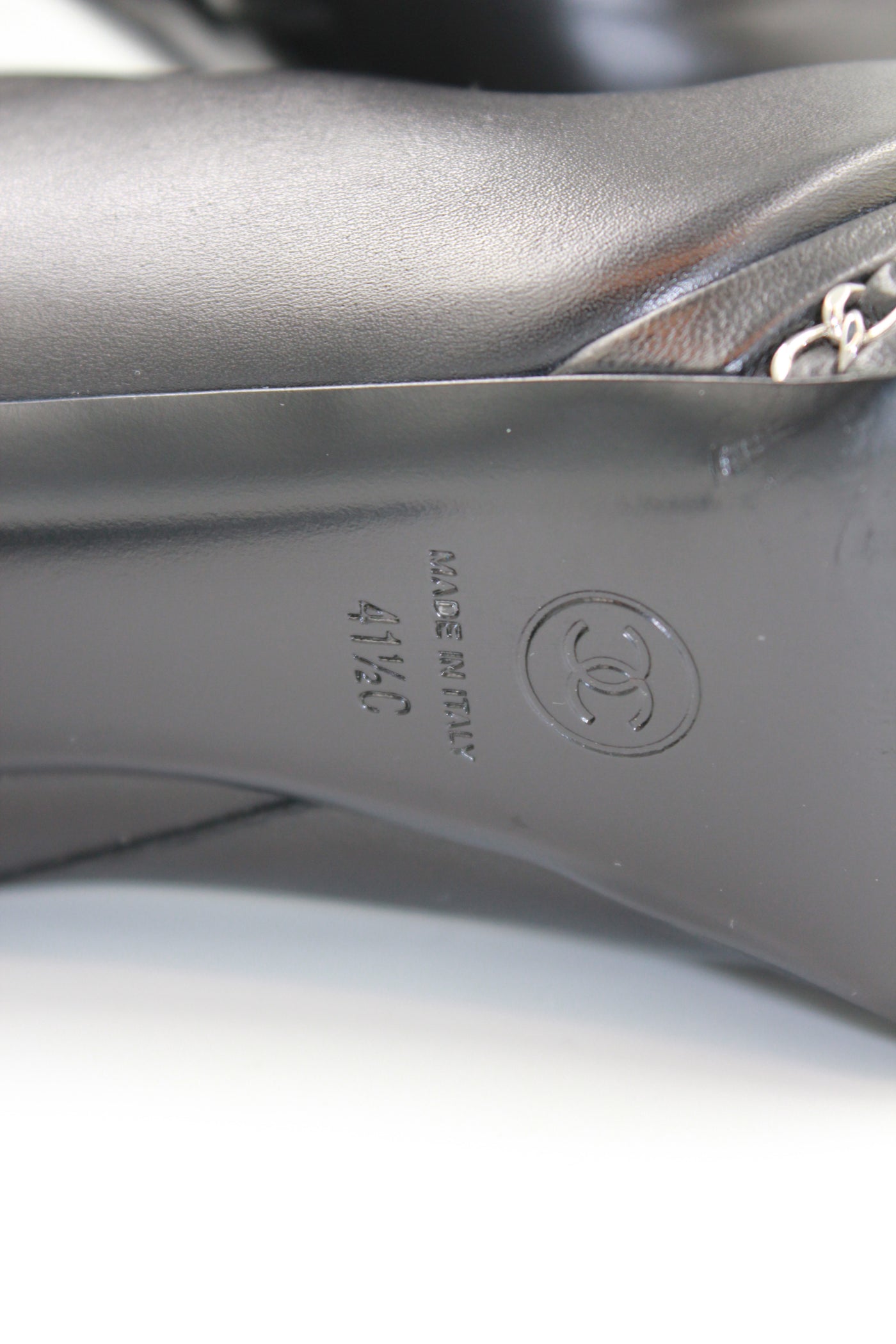 CHANEL Black Smooth Leather Boots Heels Silver Chain Trim with CC Logo Cap Toe with box size 41.5size