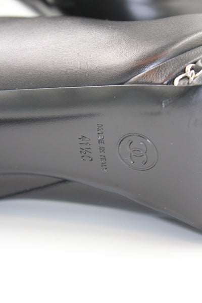 CHANEL Black Smooth Leather Boots Heels Silver Chain Trim with CC Logo Cap Toe with box size 41.5size