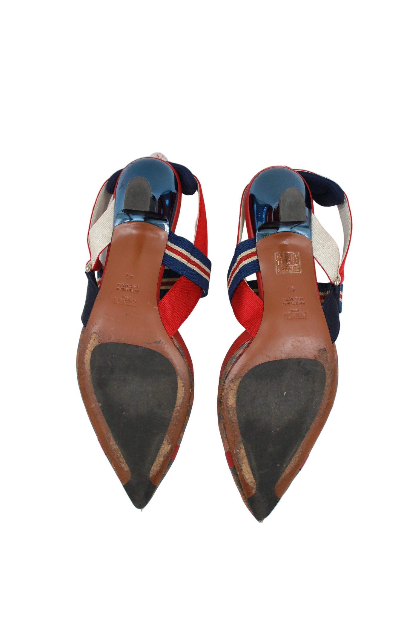 FENDI Mesh FF Logo Zucca Print Navy and Red Pointed Kitten Heels Size 41