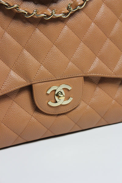 CHANEL Rare Vintage Jumbo Single Flap Caramel Caviar Leather With 24ct Gold Plated Hardware Handbag