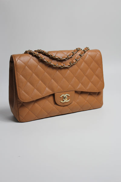 CHANEL Rare Vintage Jumbo Single Flap Caramel Caviar Leather With 24ct Gold Plated Hardware Handbag