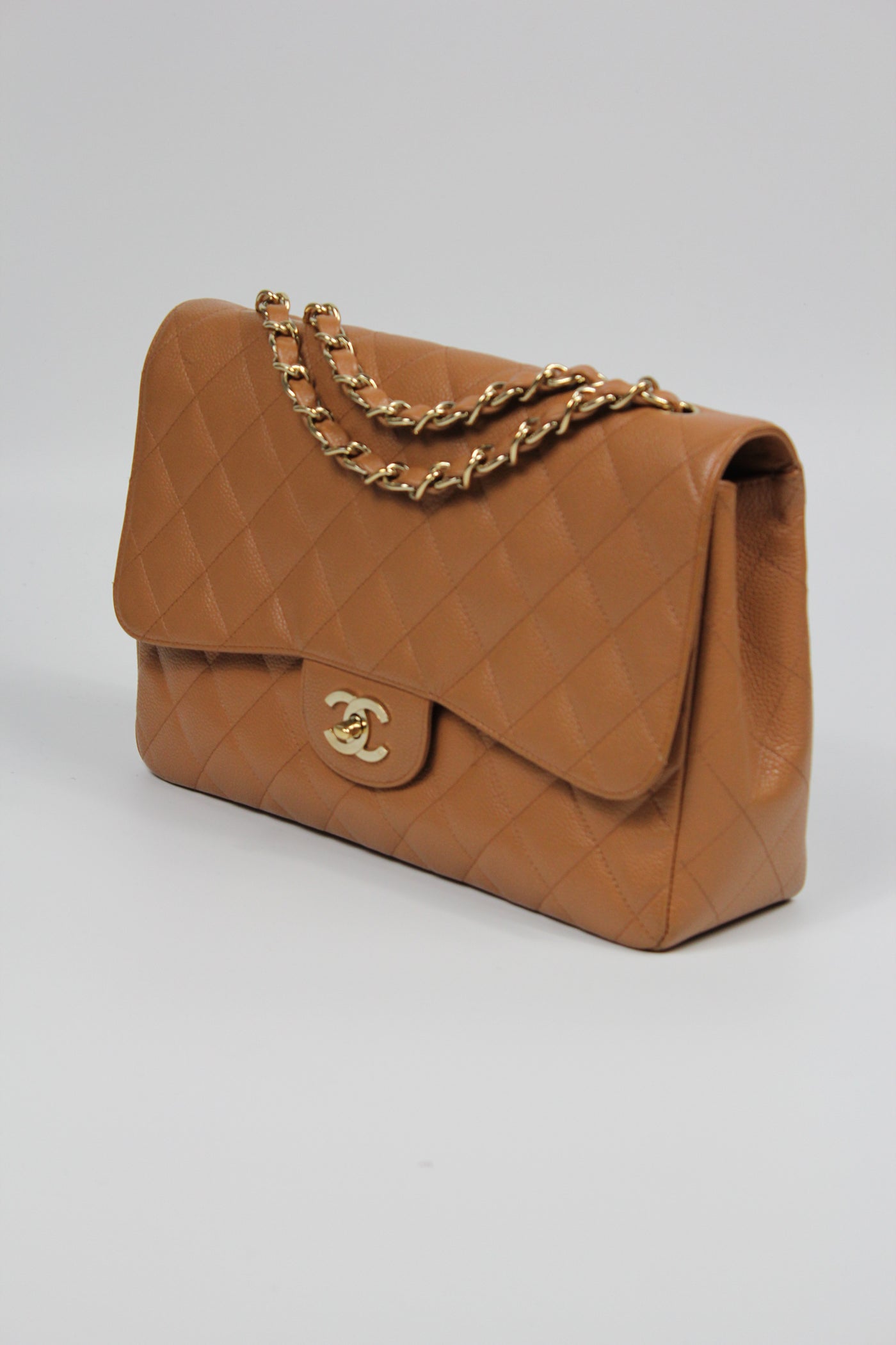 CHANEL Rare Vintage Jumbo Single Flap Caramel Caviar Leather With 24ct Gold Plated Hardware Handbag