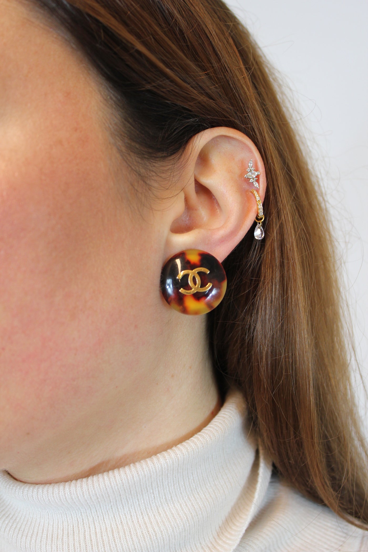 CHANEL Rare Vintage 1990's Tortoise Shell Clip On Earrings