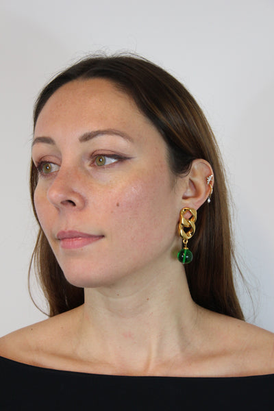 CHANEL Rare Vintage Green glass 24 ct Gold clip on earrings
