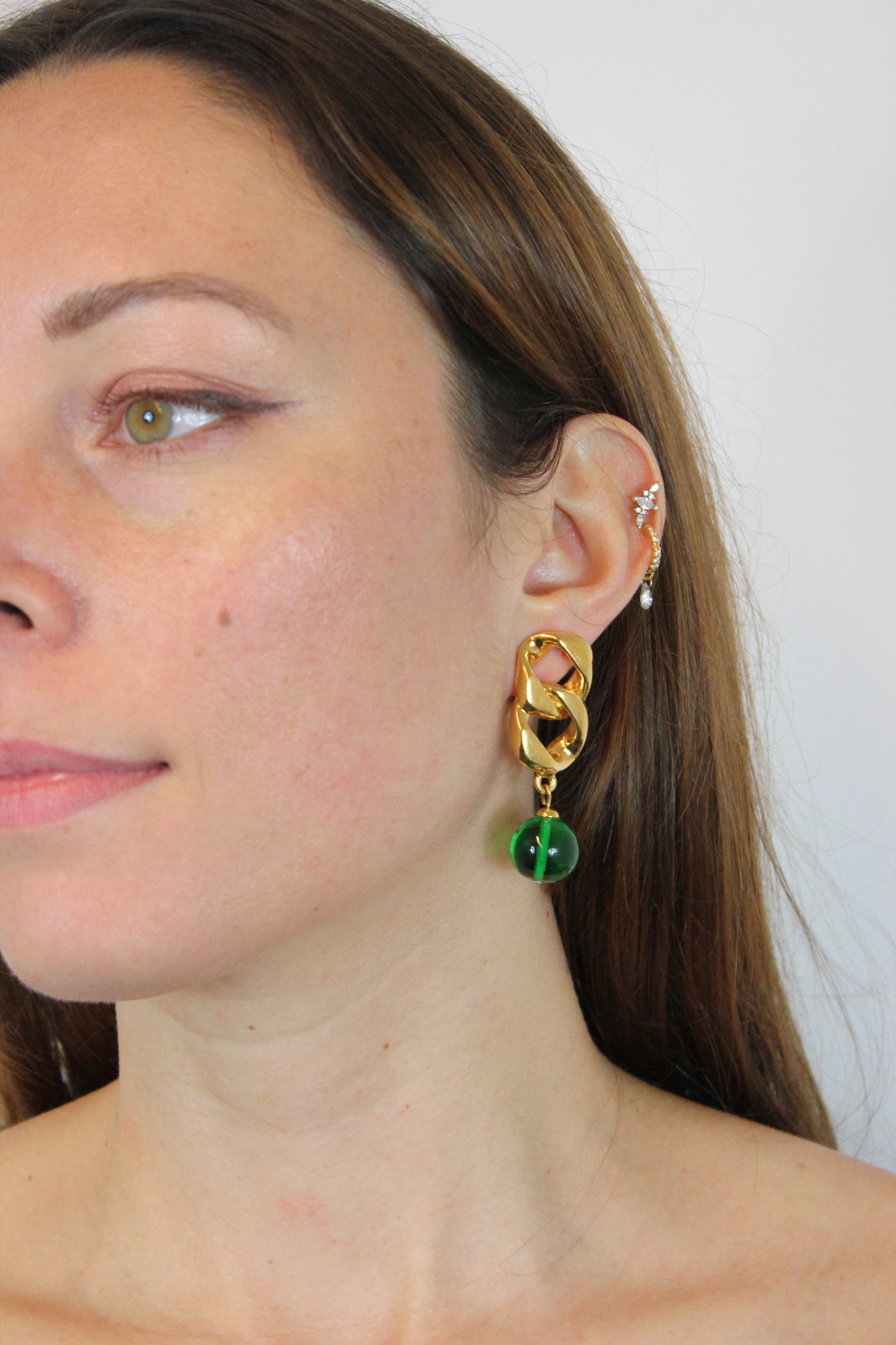 CHANEL Rare Vintage Green glass 24 ct Gold clip on earrings