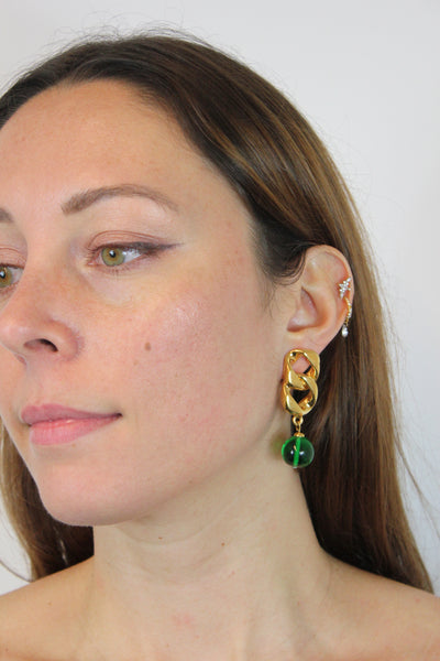 CHANEL Rare Vintage Green glass 24 ct Gold clip on earrings