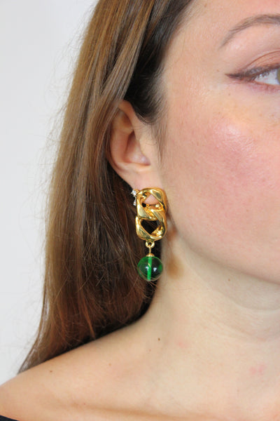 CHANEL Rare Vintage Green glass 24 ct Gold clip on earrings