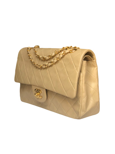 CHANEL Vintage 1989-1991 Medium Classic Double Flap Beige 24 carats Gold Hardware