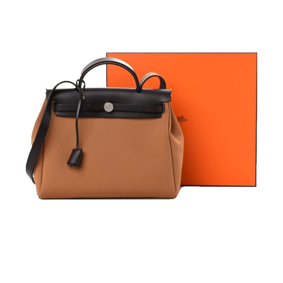 HERMES Herbag 31 Dune, Ebene and Etoupe Canvas and Swift leather with palladium hardware - Full set