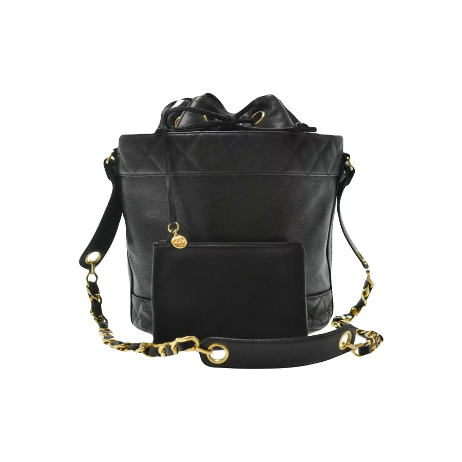 CHANEL Vintage 1989-1991 Caviar Drawstring Bucket Bag a with Gold