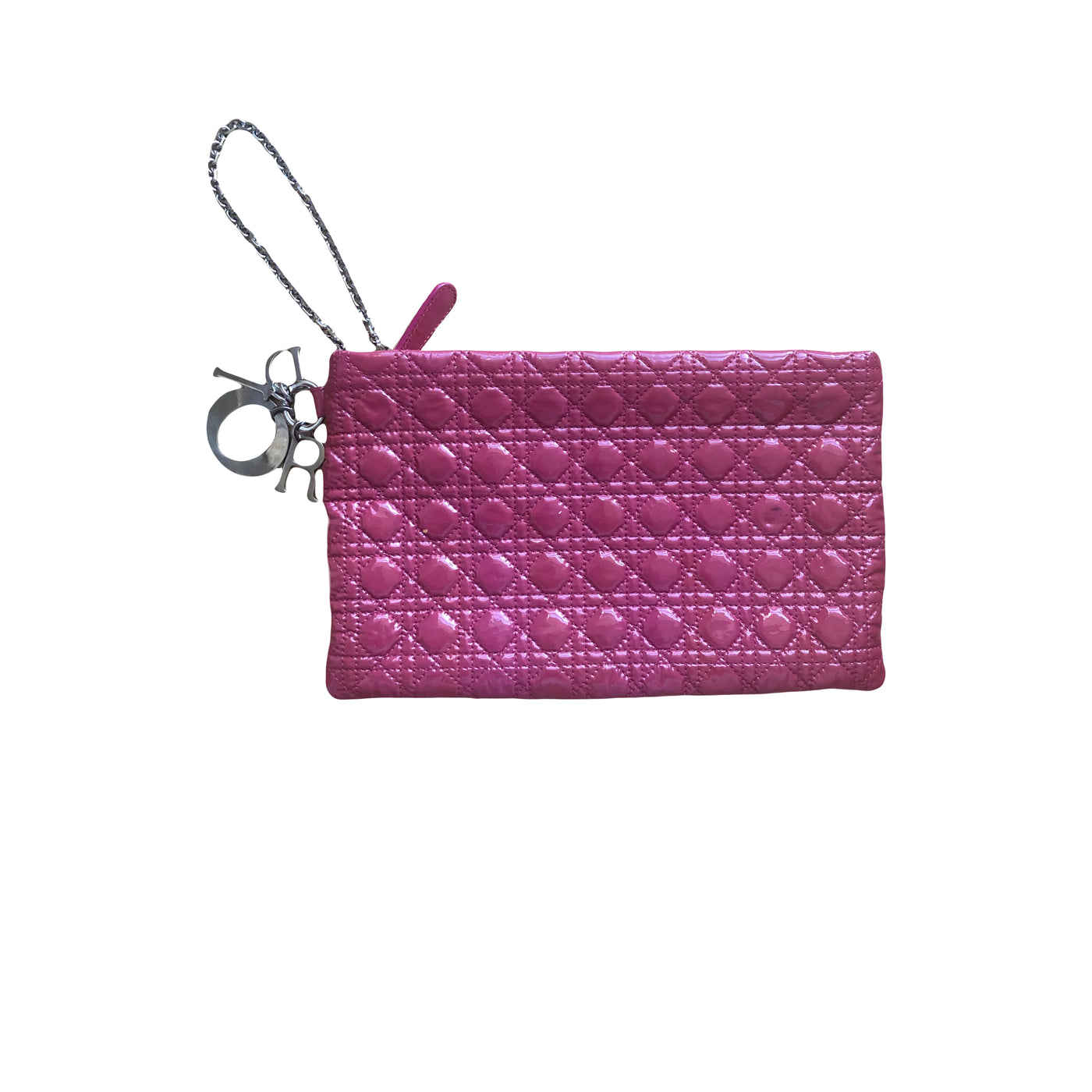 Christian DIOR raspberry patent cannage clutch with silver chain