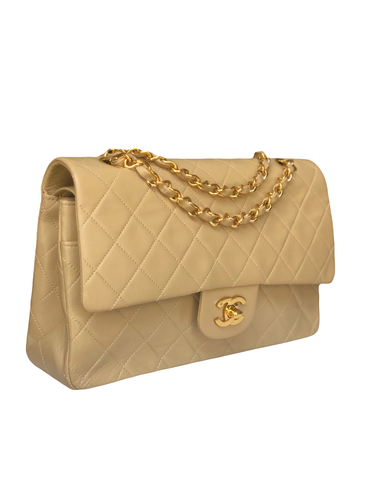 CHANEL Vintage 1989-1991 Medium Classic Double Flap Beige 24 carats Gold Hardware