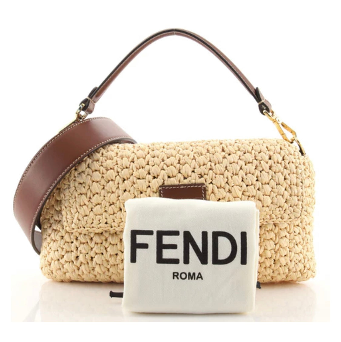 FENDI Baguette Raffia Woven Handbag with two detachable straps – U