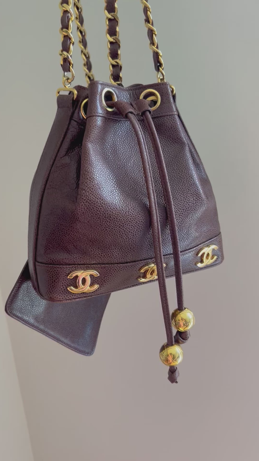 CHANEL brown caviar drawstring bucket bag 24ct gold hardware vintage