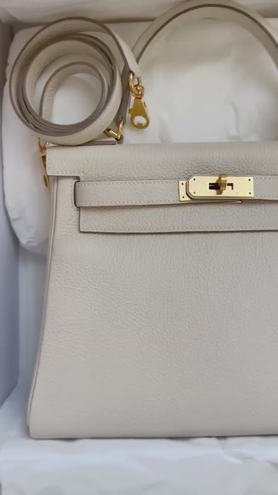 HERMES Kelly 28 Retourne Craie Clemence Leather Gold Hardware Never Worn - FULL SET